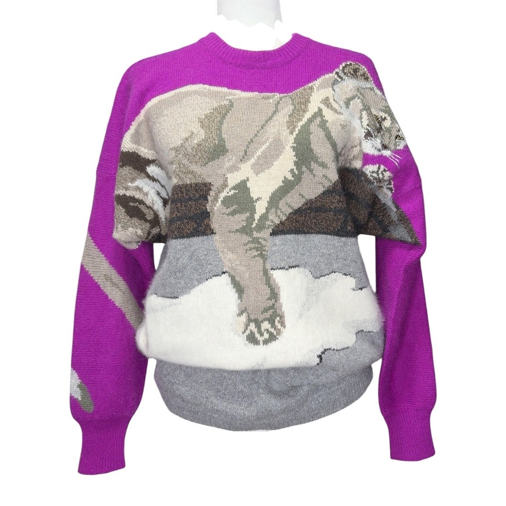 Vtg Krizia Maglia Italy Wool Angora Cougar Mountain Lion Moon Sweater Purple 42